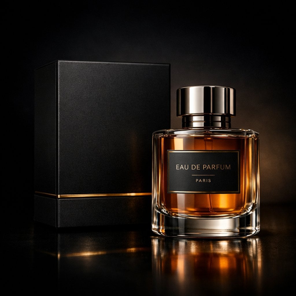 Luxury perfume product photography in a dark cinematic studio. A premiu…