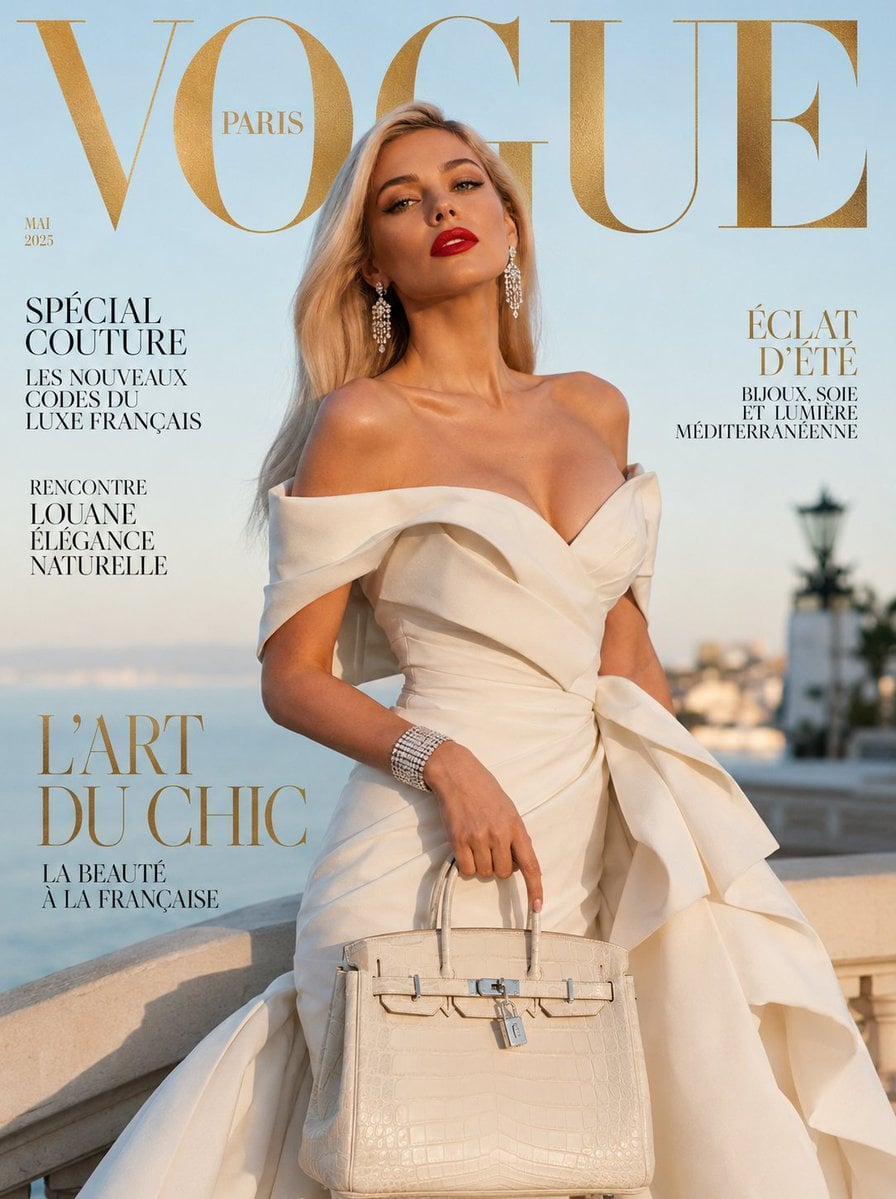 Ultra-realistic luxury fashion magazine cover featuring an elegant Fren…