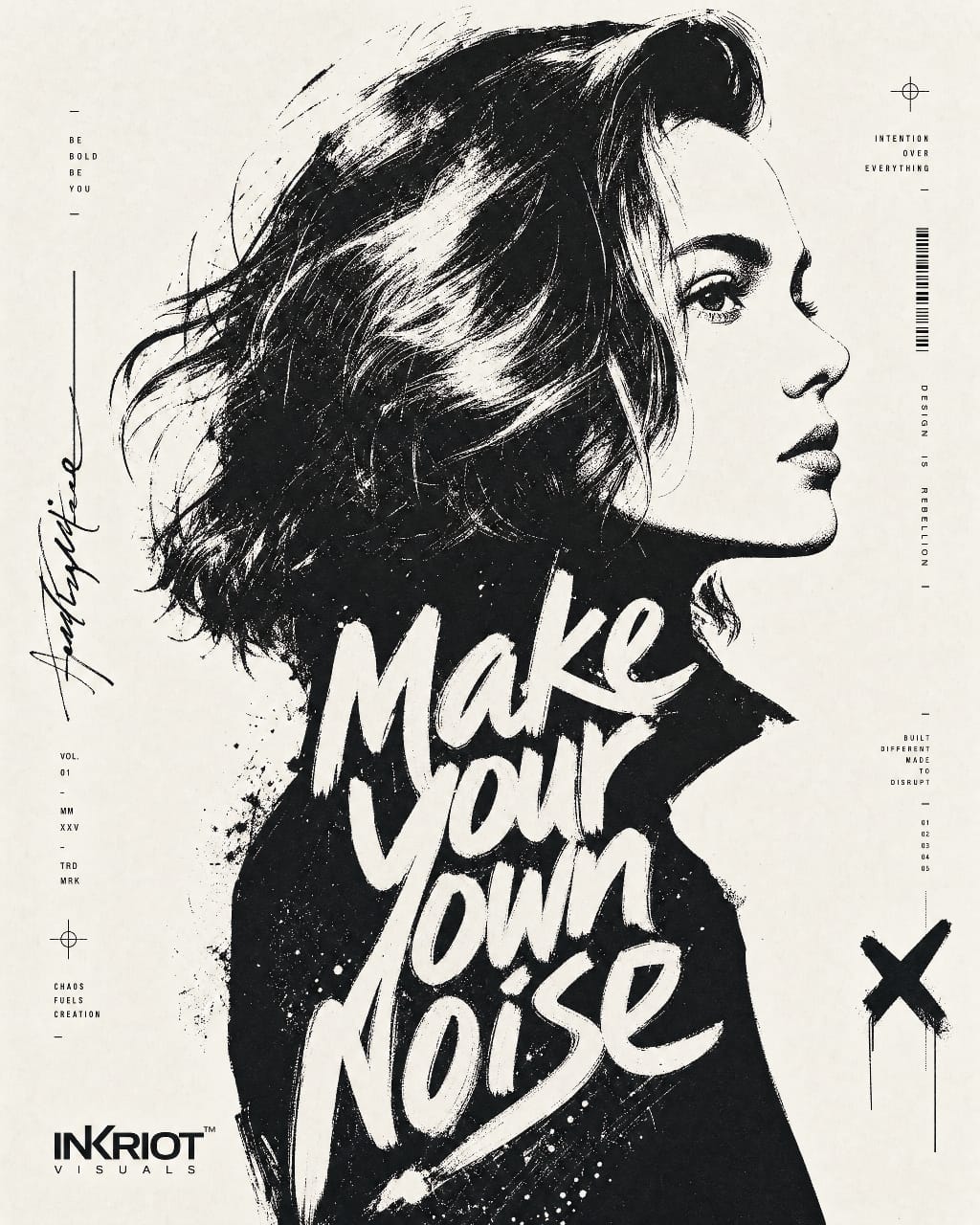 High-contrast black and white typographic portrait poster of [HUMAN], s…