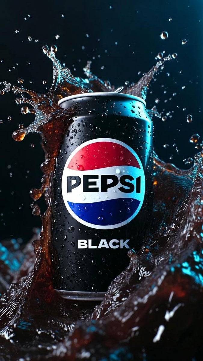 Hyper-realistic cinematic product photograph of a Pepsi Black can, fron…