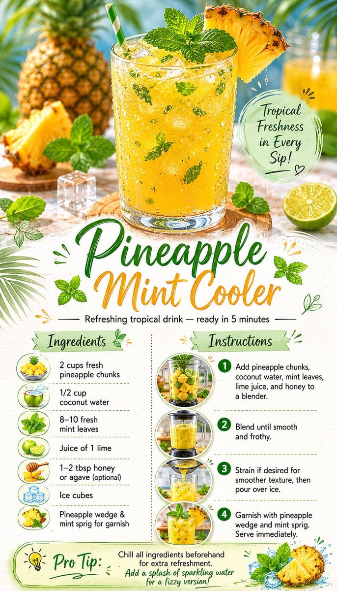 Create a beautiful, vertical recipe card for "Pineapple Mint Cooler" as…