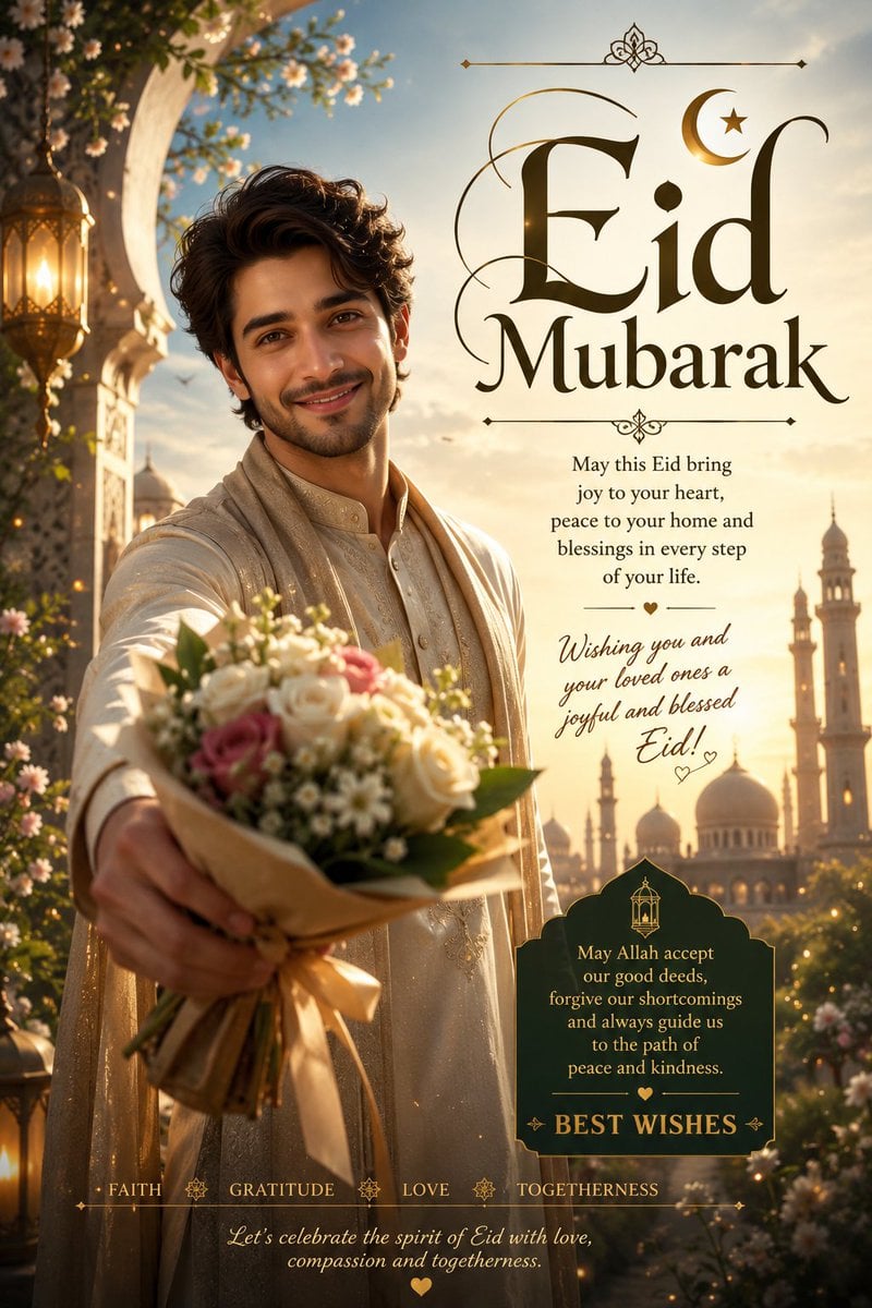 Generate a poster for wishing my X audience Eid Mubarak and best wishes…