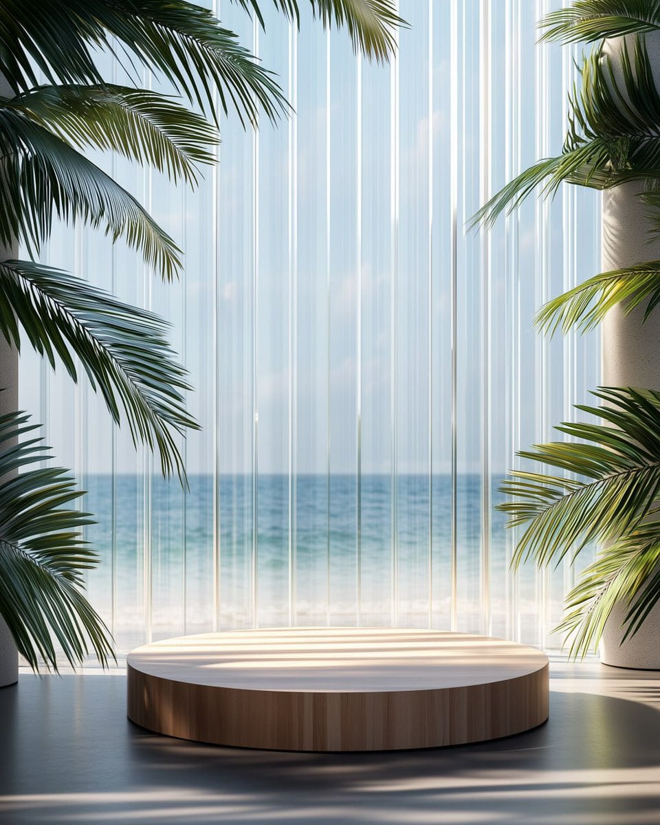 A mockup of a round wooden podium on the floor, against a backdrop of v…