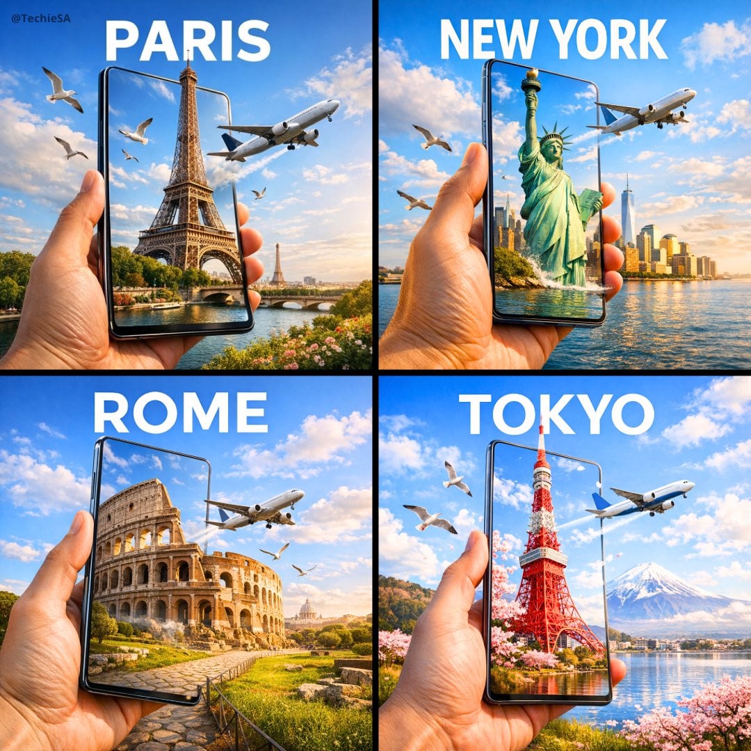 A hyper-realistic travel advertisement in square format (1080x1080), fe…