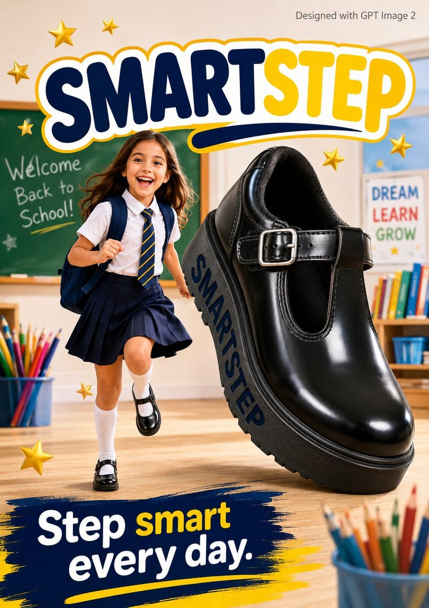 A bright back to school advertisement poster. An excited young girl age…