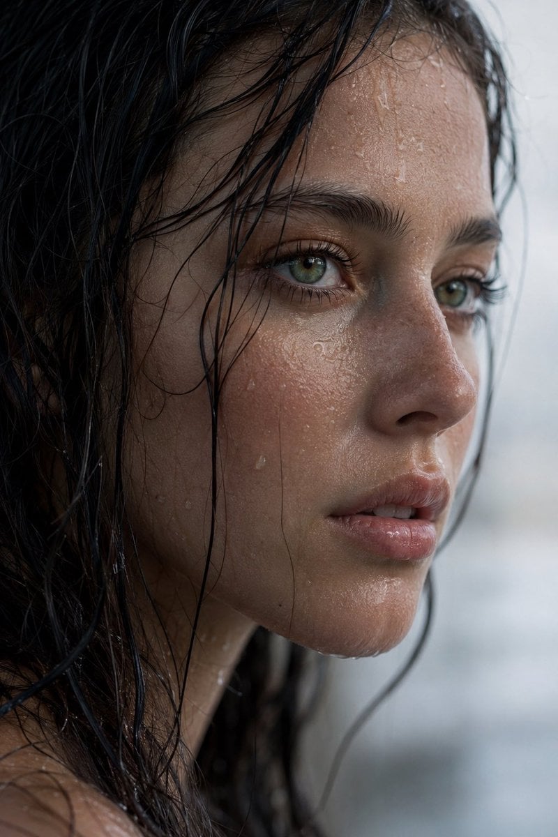 Extreme wet close-up portrait of a young woman in side profile. Dark, r…