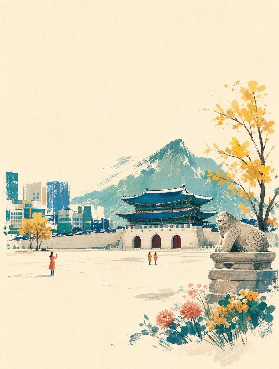 A wide horizontal landscape hand-painted illustration of [Landmark Name…