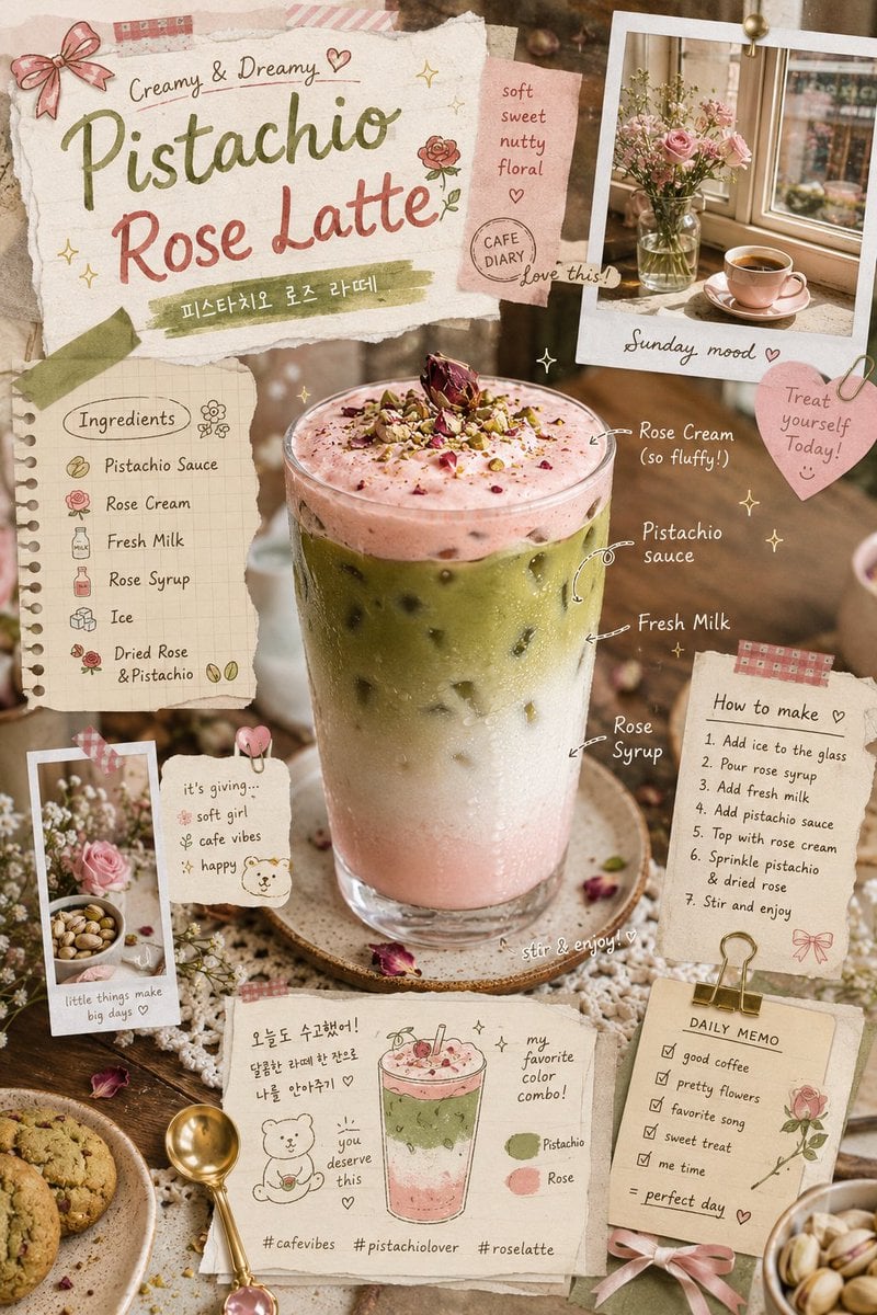 rose latte aesthetic, layered iced pistachio drink with rose cream foam…