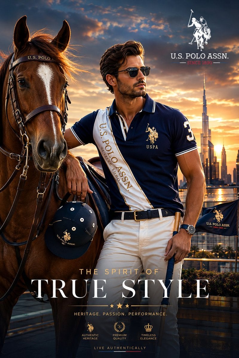 Create a premium luxury fashion campaign poster for U.S. Polo Assn. fea…