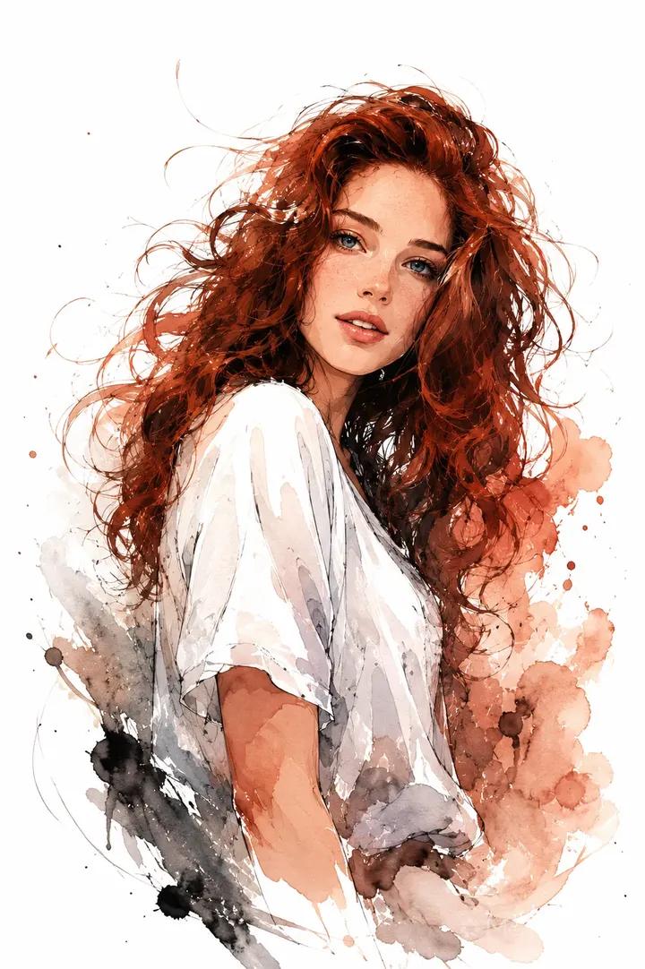 Portrait of a young woman with long messy curly red hair, wearing loose…