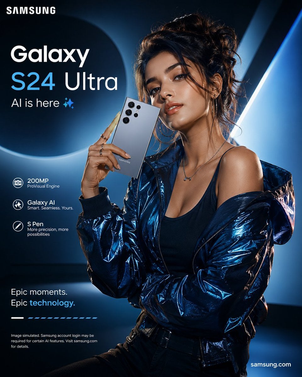 Create a premium smartphone advertising poster featuring a stylish youn…