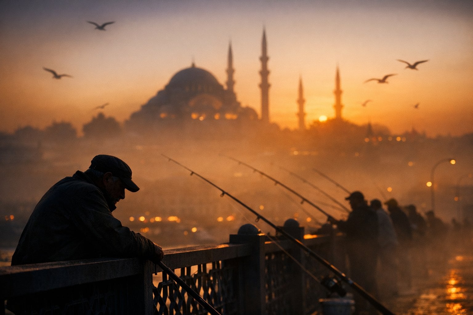 A cinematic silhouette shot of local fishermen lining the Galata Bridge…