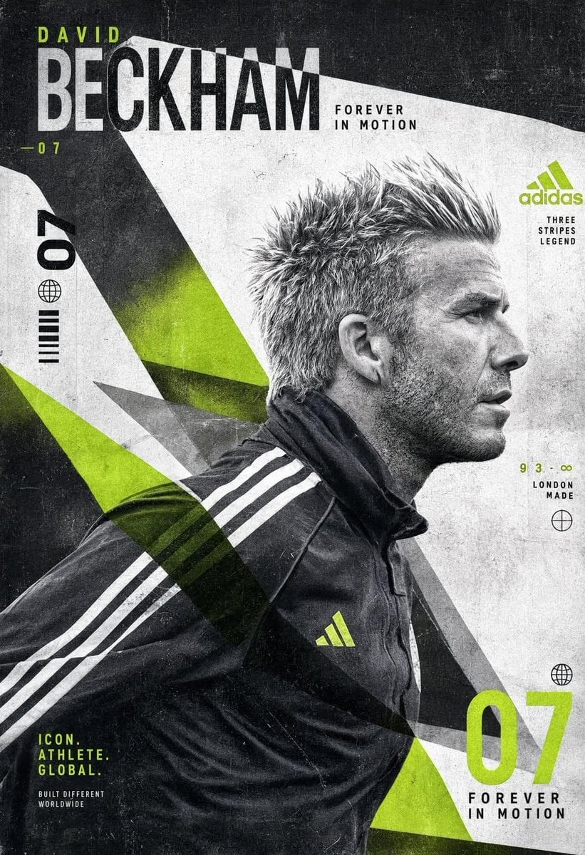 Create an experimental David Beckham poster built around a striking sid…
