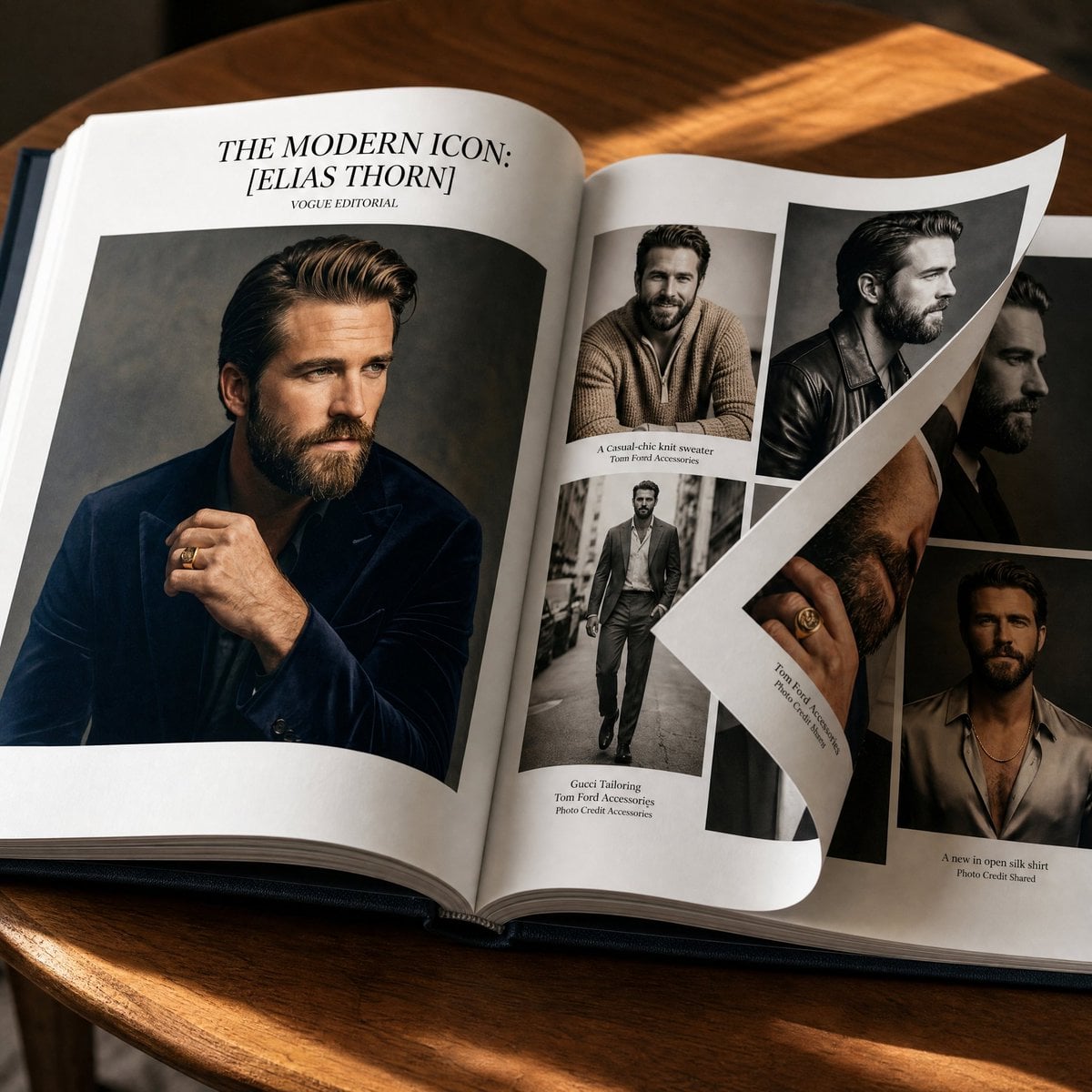 Photorealistic luxury coffee-table book opened across two pages, displa…