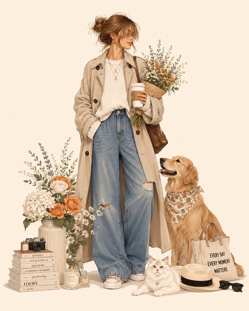Create a luxury fashion illustration featuring [Person]. Style: Modern …