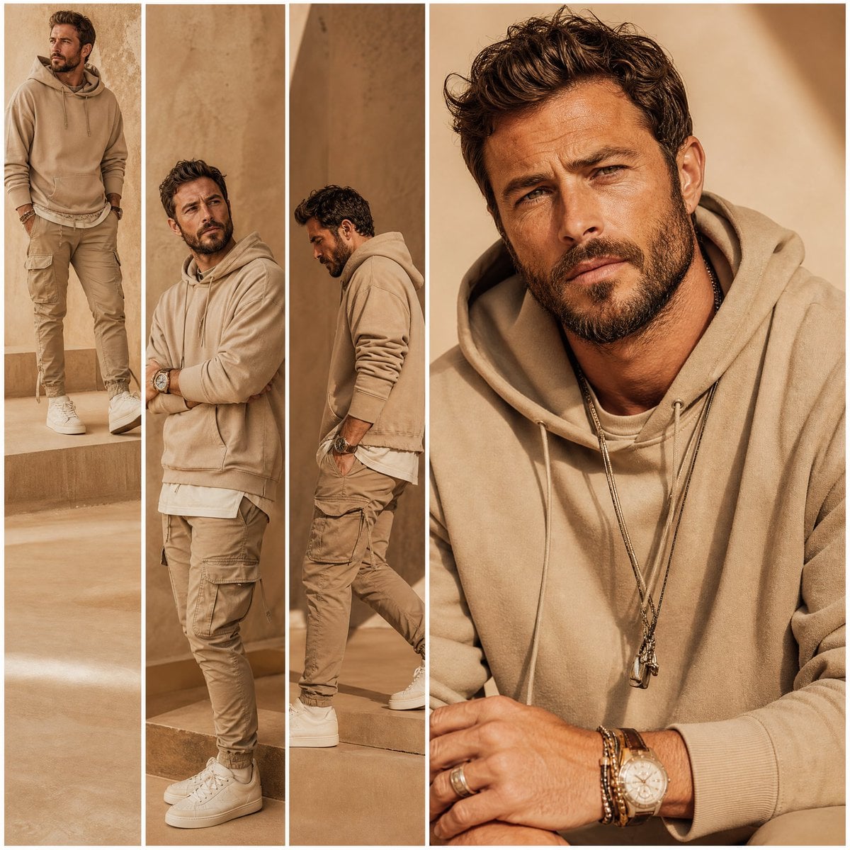 A premium fashion lookbook multi-panel collage grid featuring a stylish…