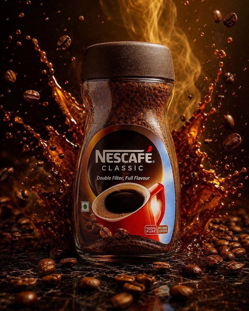 Ultra premium Nescafé coffee jar standing on a polished black marble pl…