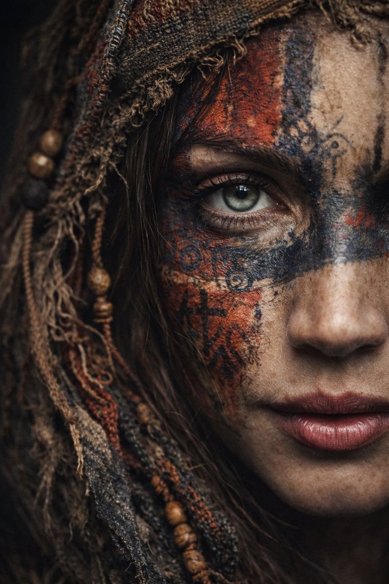 A dramatic ultra-realistic portrait of a woman shown in extreme close-u…