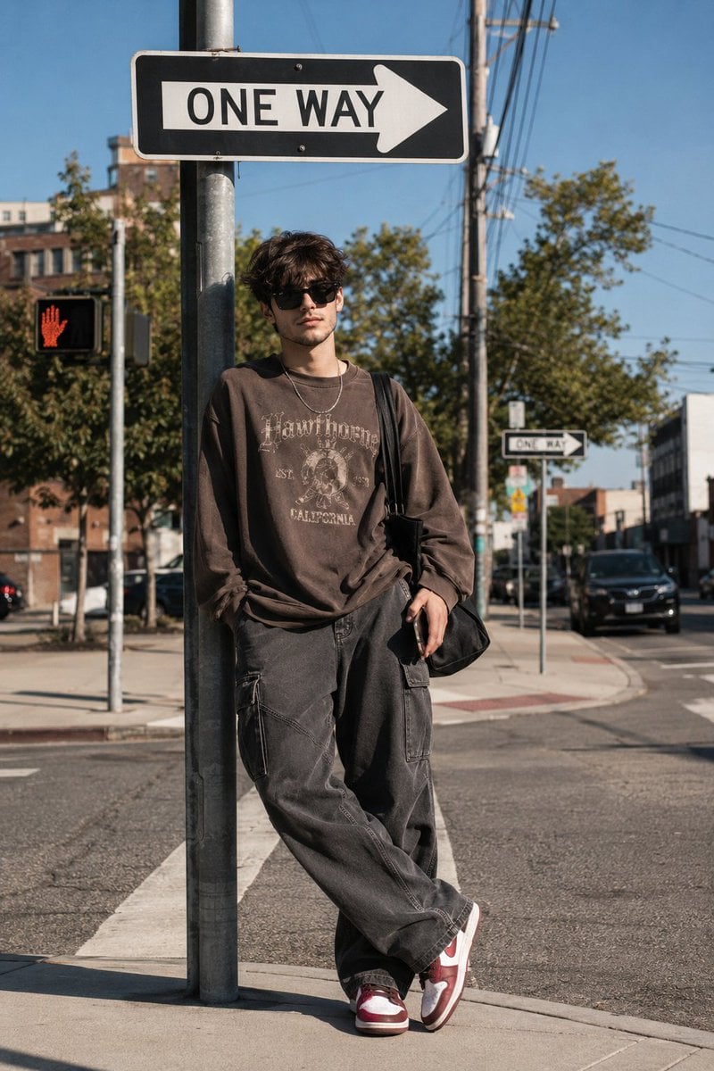 A cinematic street fashion editorial portrait of a stylish young man st…