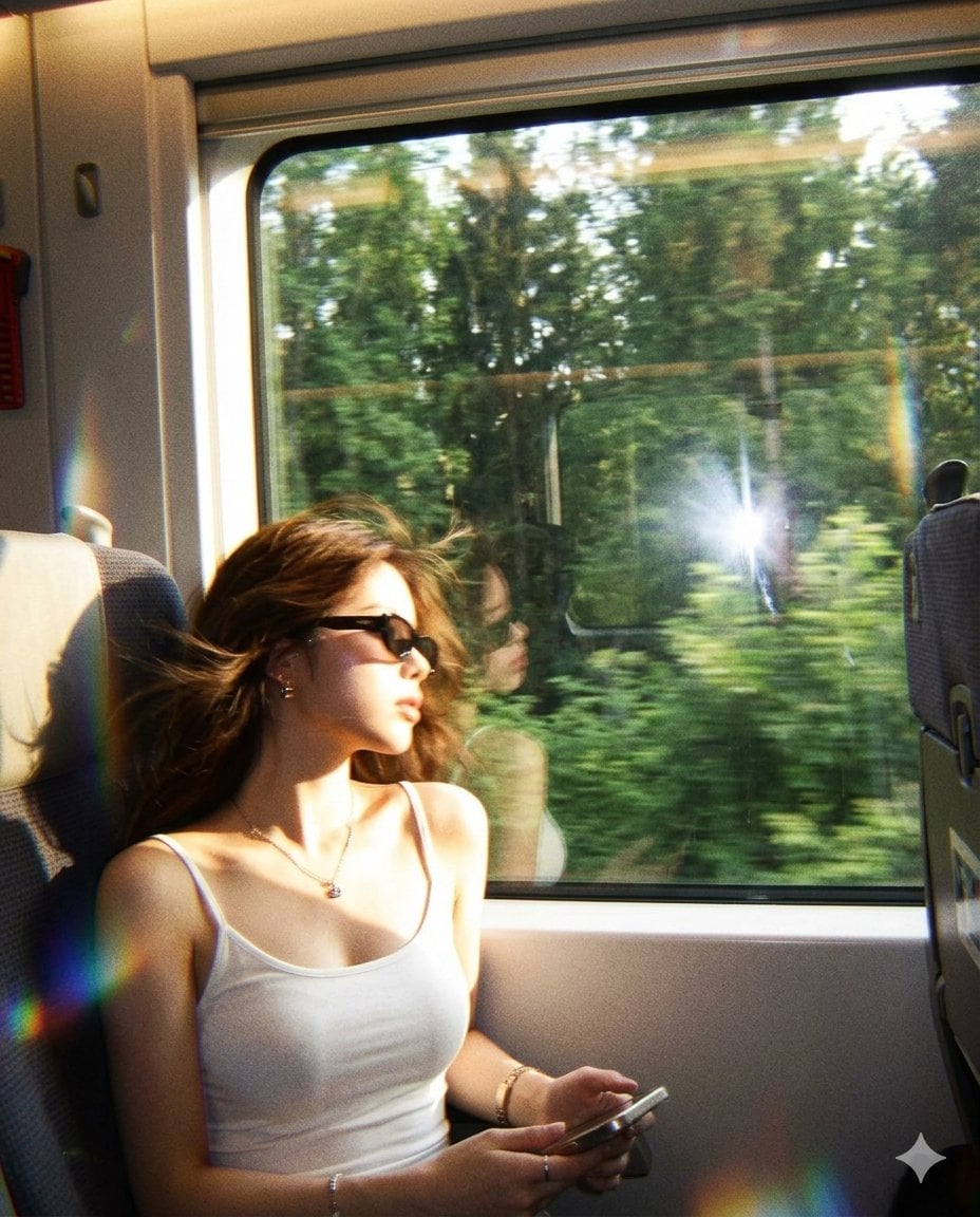 A candid quiet train-window moment during golden afternoon light. The s…