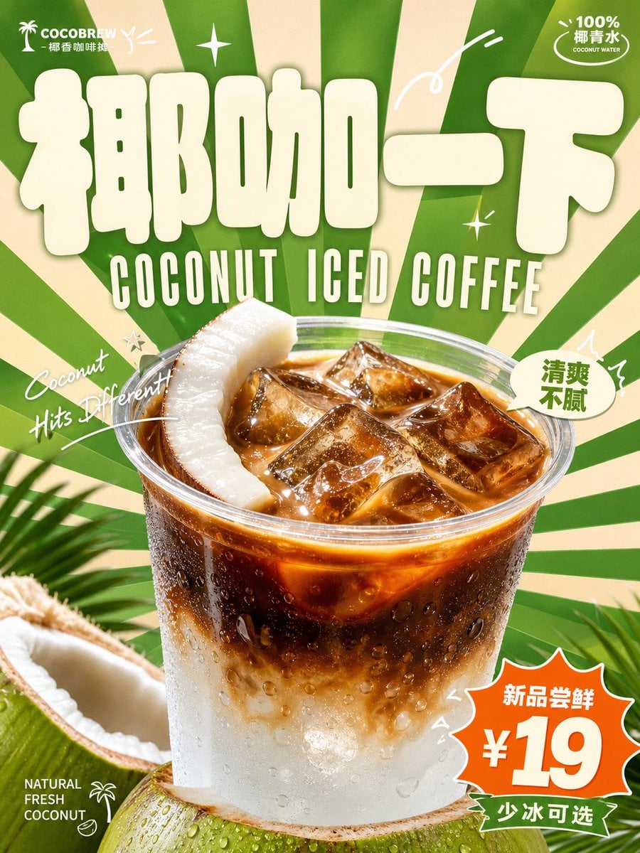 围绕具体饮料主题生成一张明亮轻快的复古商业广告视觉：画面第一眼由超大、厚实、圆角饱满的主题字标建立记忆点，字形像柔软膨胀的招牌块面，浅色填充、…
