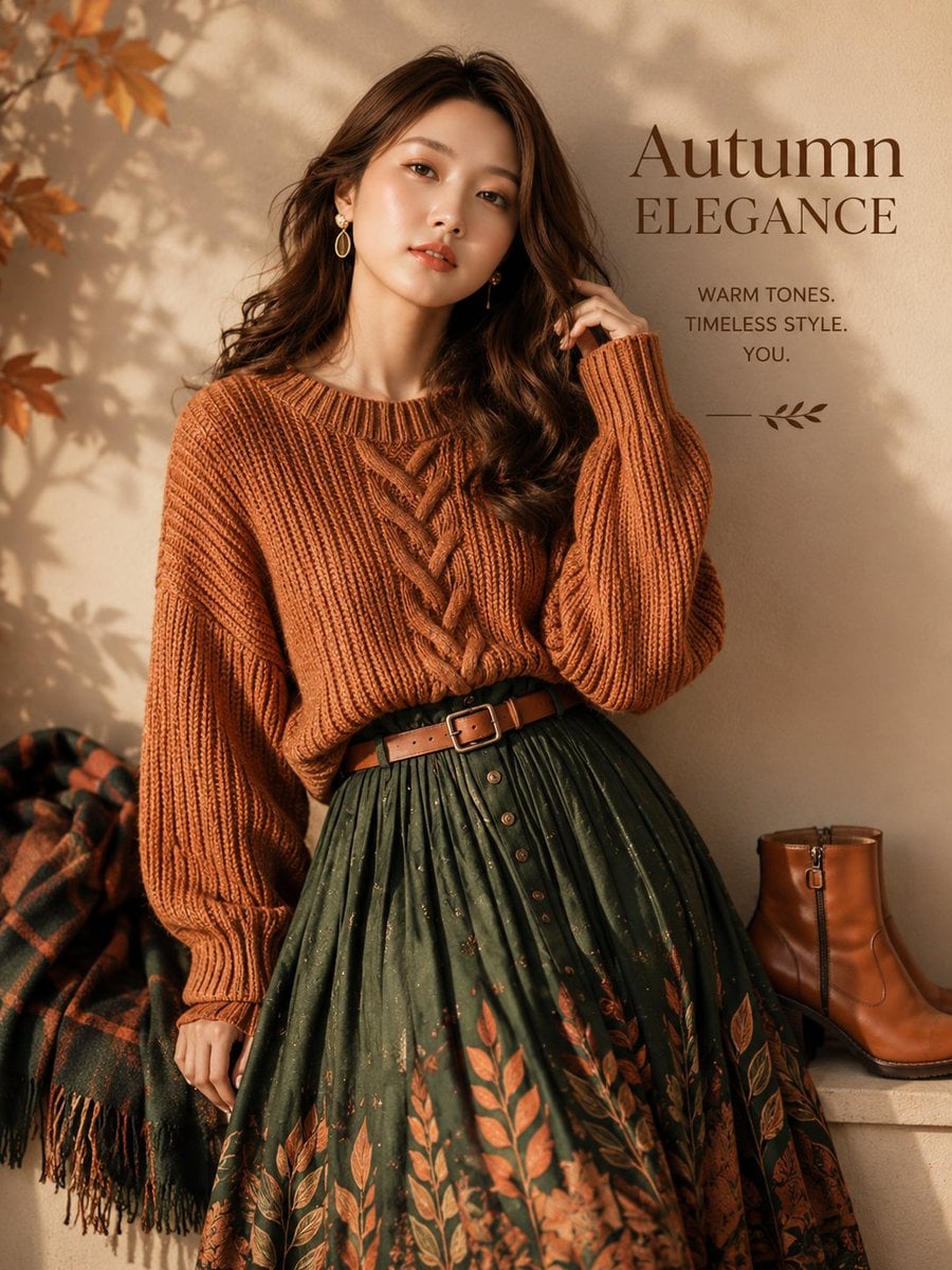 Ultra-realistic autumn fashion editorial poster featuring a beautiful E…