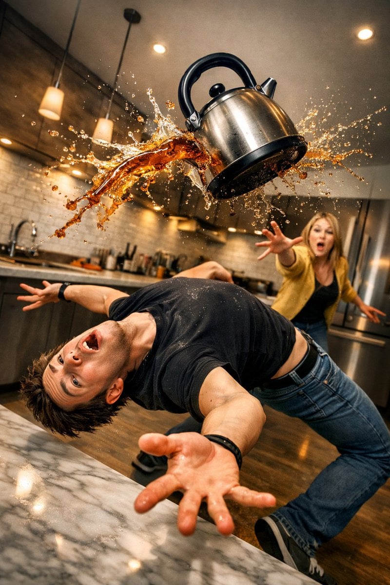 Surreal comedic scene inside a modern kitchen: a young man bends backwa…