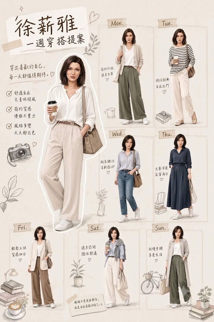 Create a stylish weekly outfit guide poster in a warm scrapbook-style e…