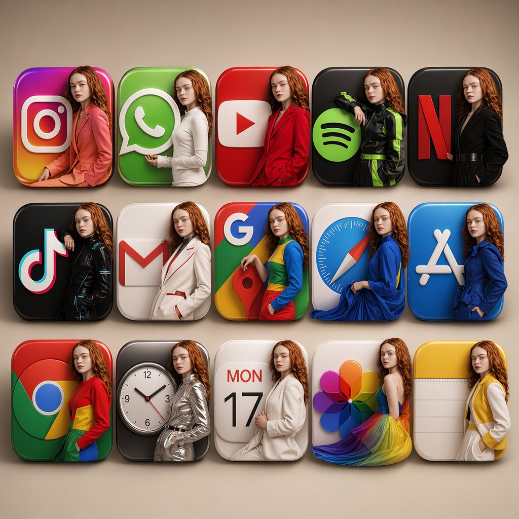 Ultra-realistic 3D mobile app icon collection arranged in a clean 3x5 g…
