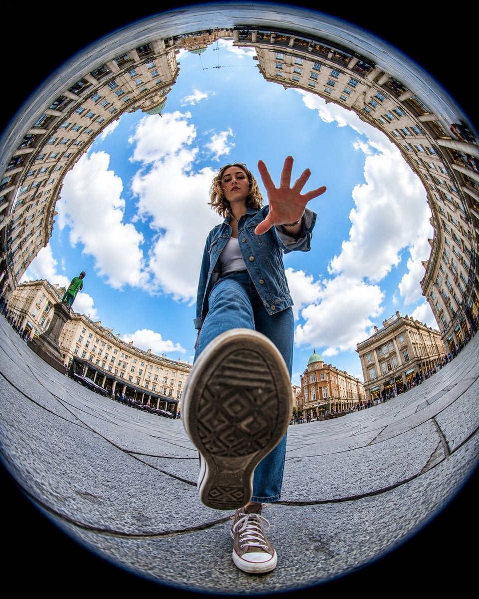 Ultra-realistic action photography, extreme fisheye lens, 8mm, worm’s-e…