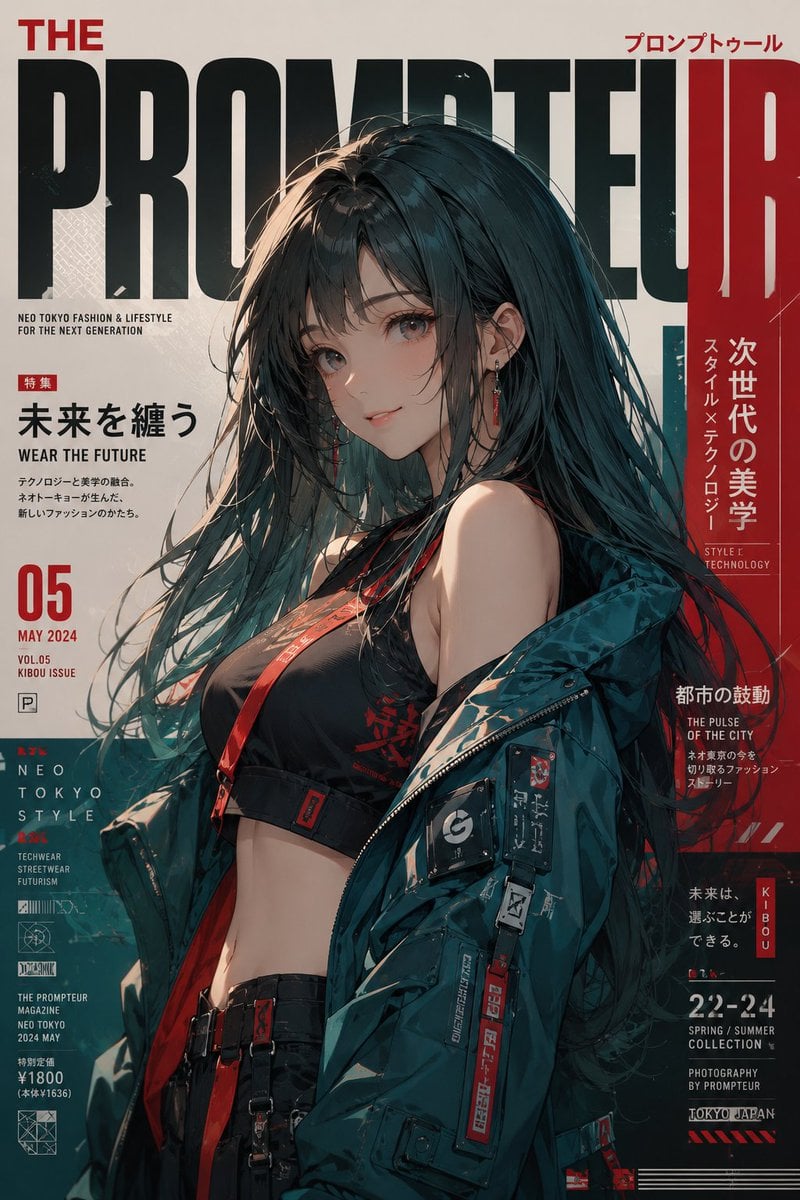Ultra-premium Neo Tokyo fashion magazine cover, editorial anime realism…