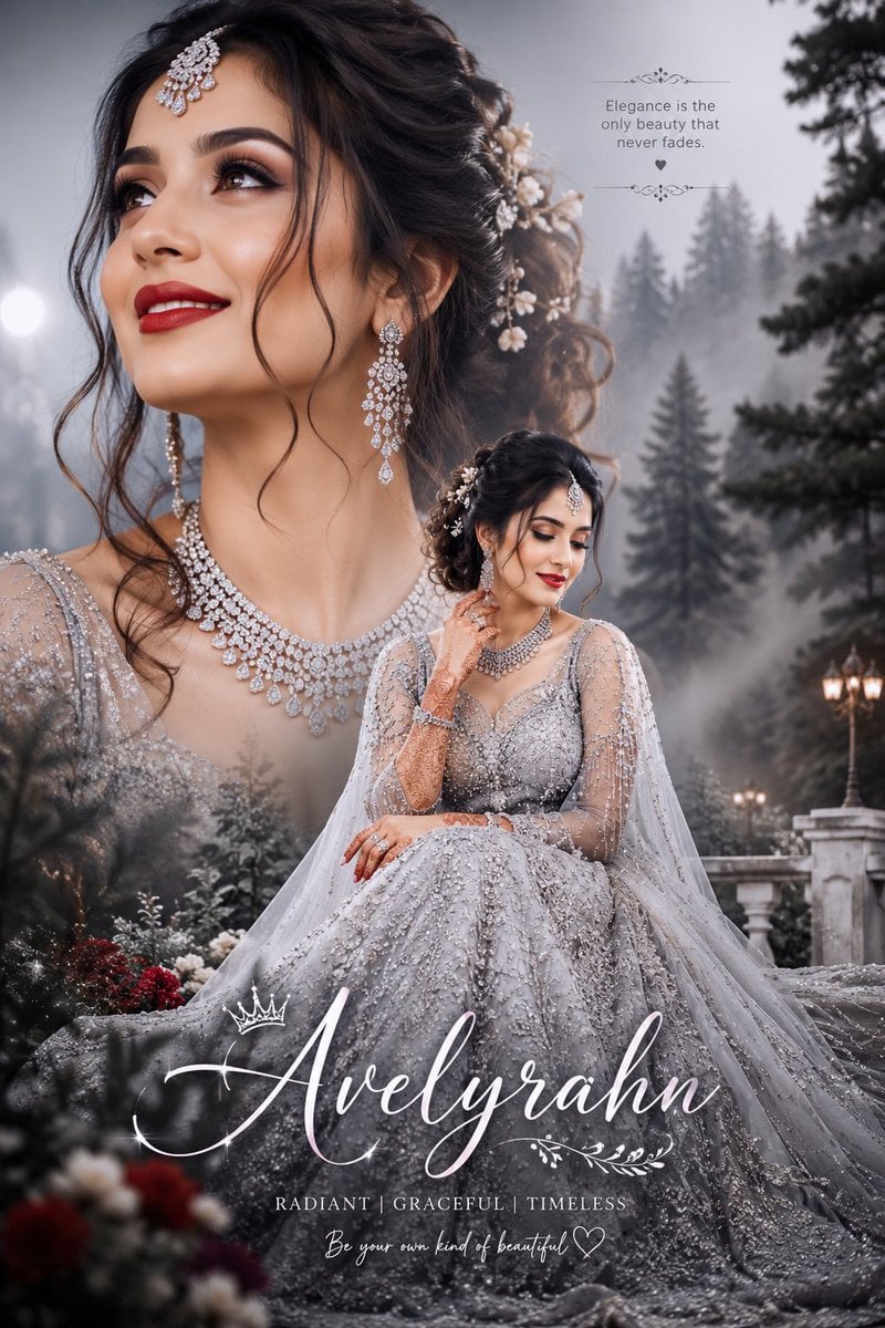 Ultra-realistic bridal portrait collage, beautiful Indian bride in silv…