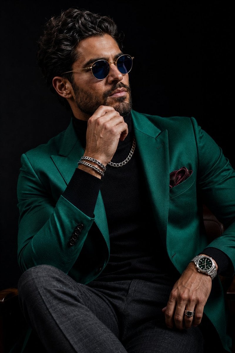 Ultra-realistic luxury menswear editorial portrait of a confident, hand…