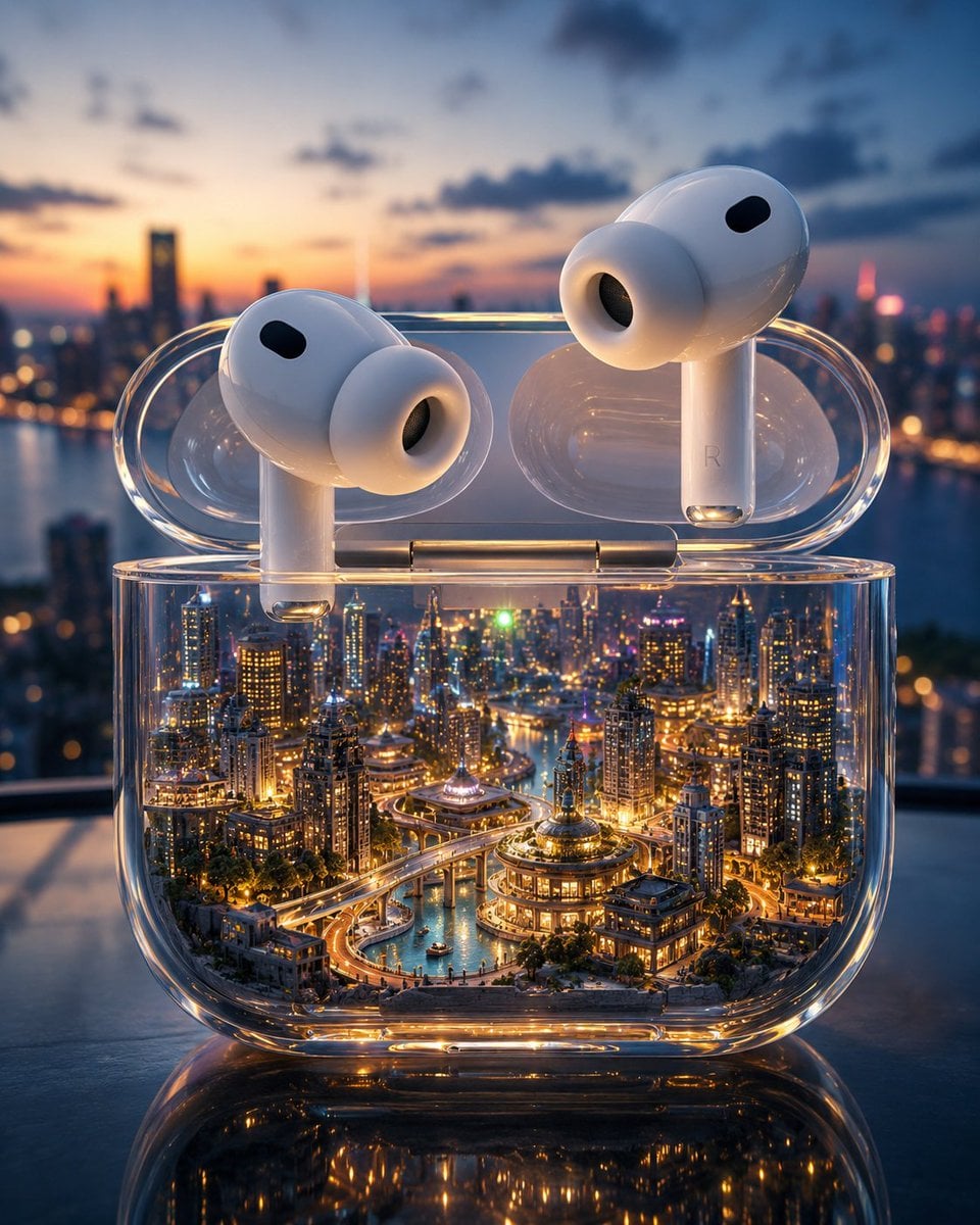 Create a premium surreal advertising scene where an entire miniature wo…