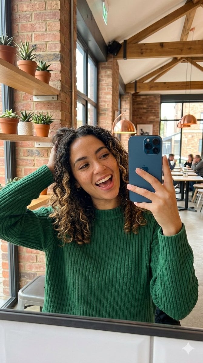 A vertical mirror selfie of a cheerful young woman with light brown ski…