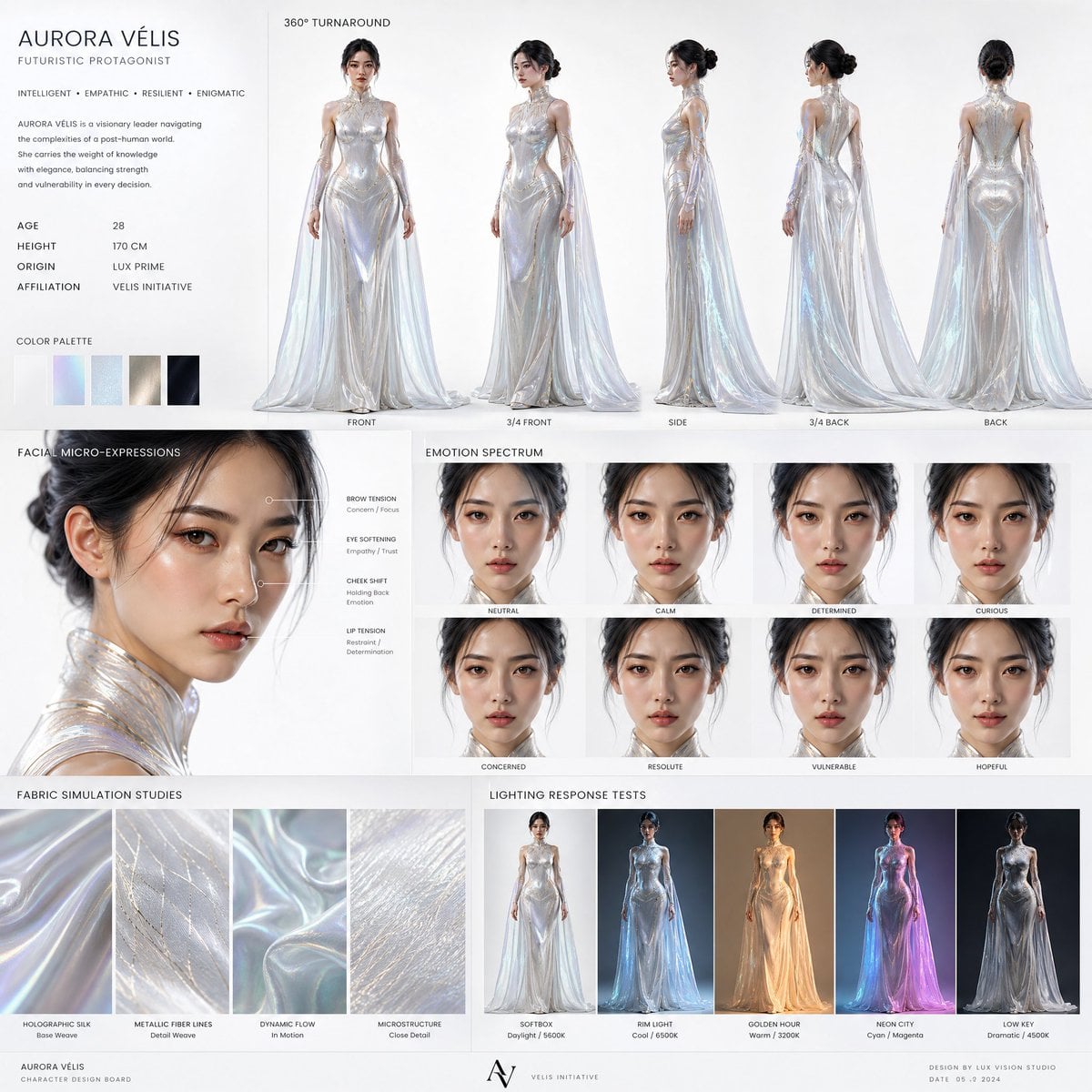 Create a high-end cinematic character design board of a futuristic fema…