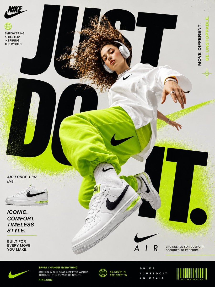 Generate a perfectly graphic designed poster of Nike Shoe advertisement…