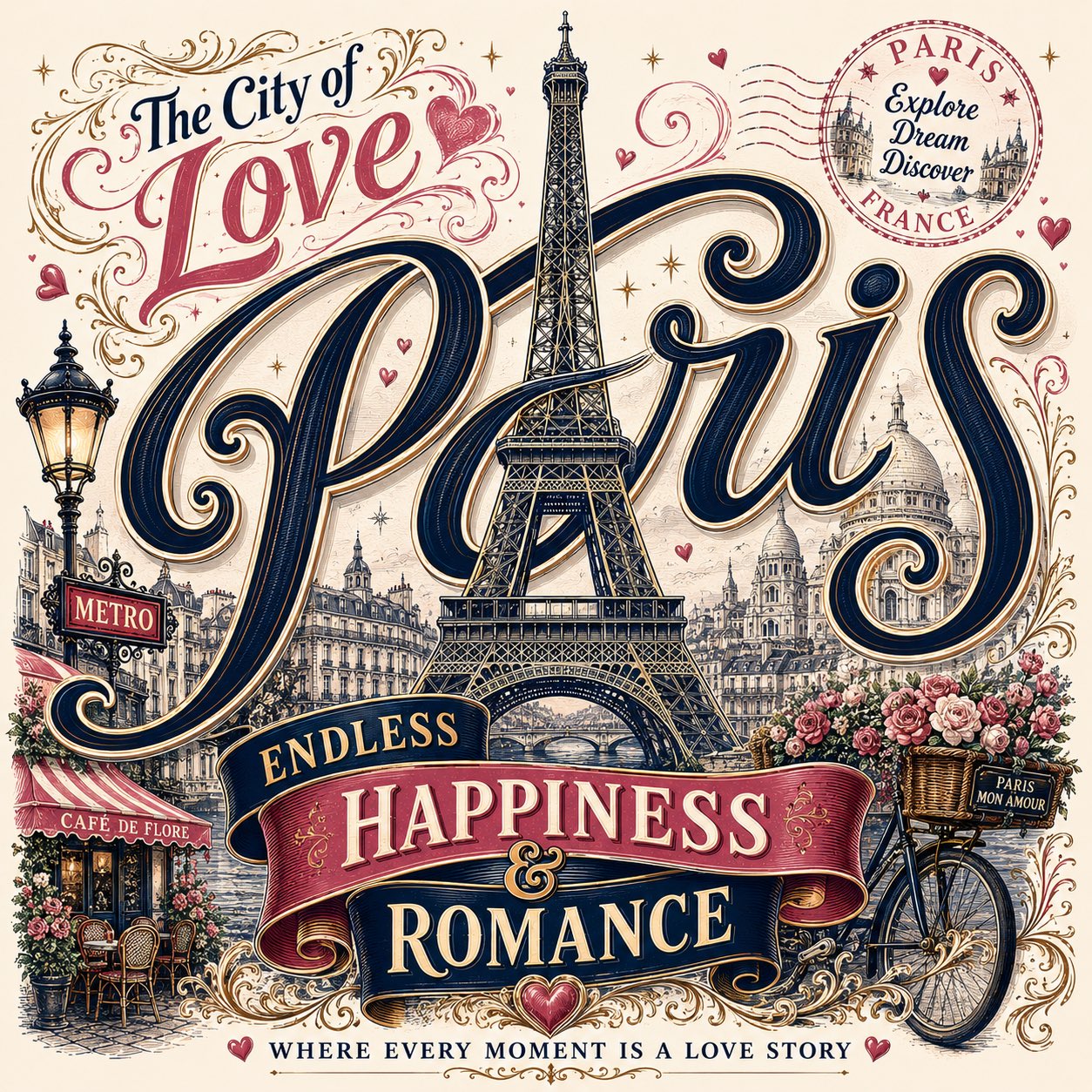 Vintage romantic travel typography poster for Paris designed in an orna…