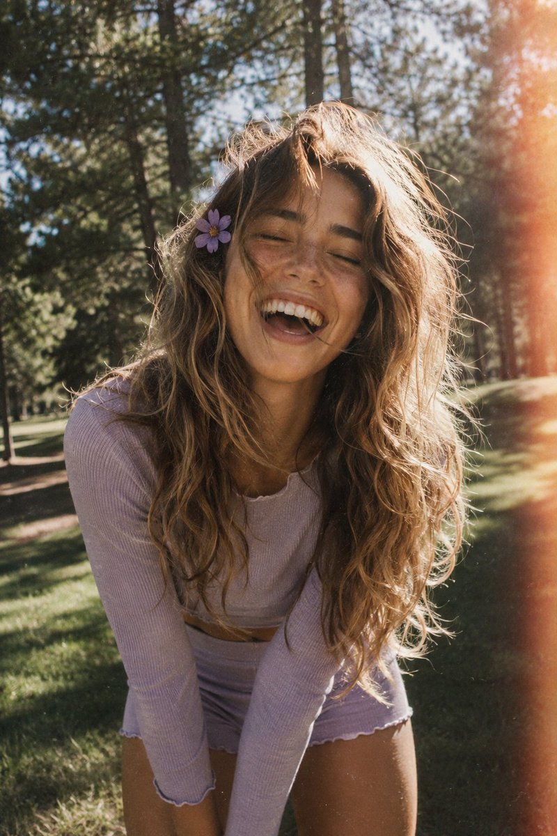A candid, film-style portrait of a joyful young woman with long, volumi…