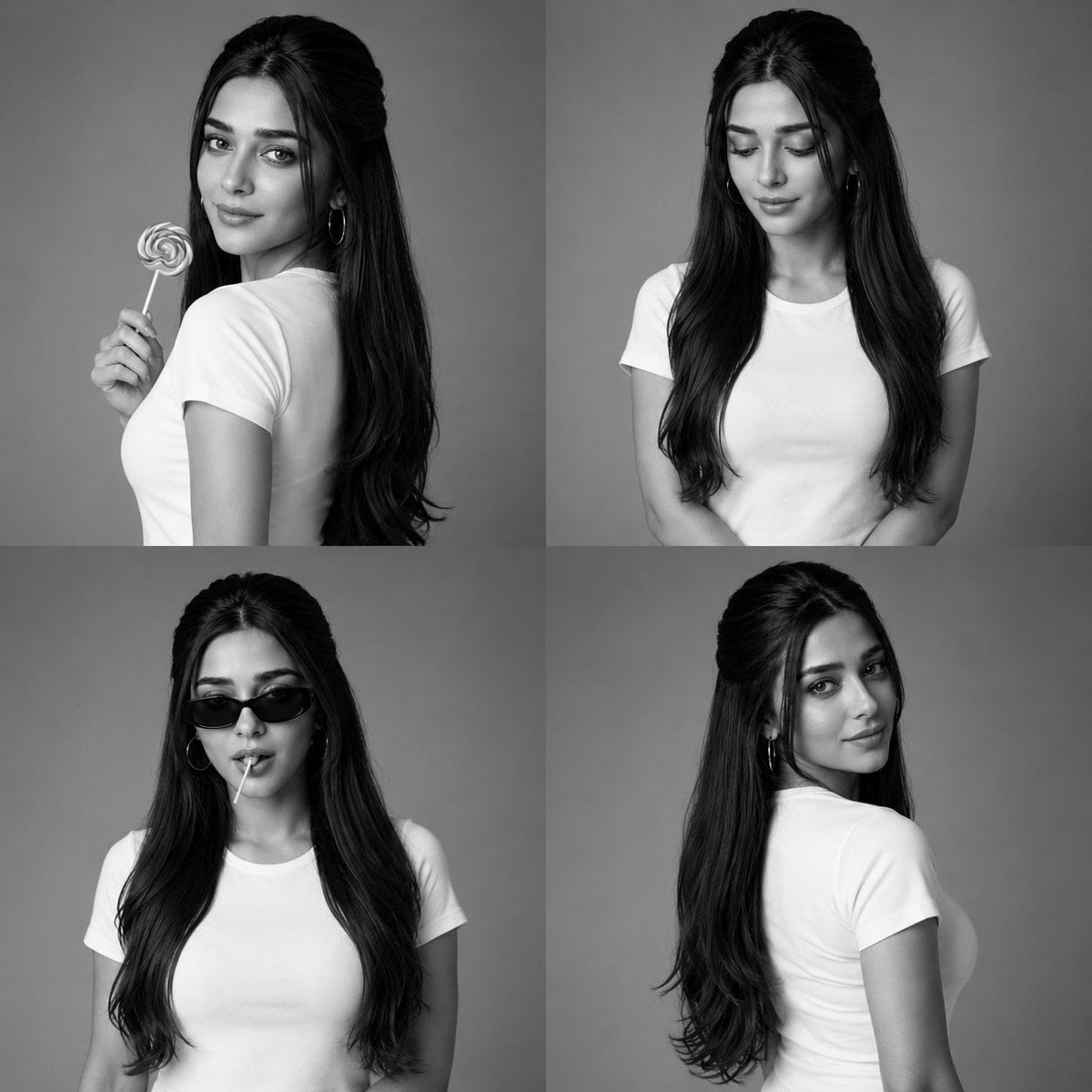 Create a luxury black-and-white fashion studio collage arranged in a cl…
