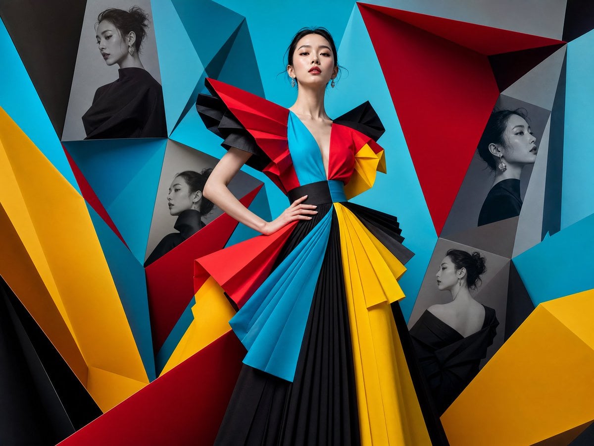 Hyper-detailed 1:1 square composition featuring High-fashion editorial …