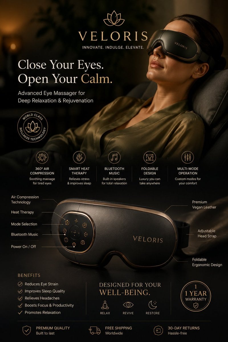 Ultra-premium luxury advertising collage for a futuristic eye massager …