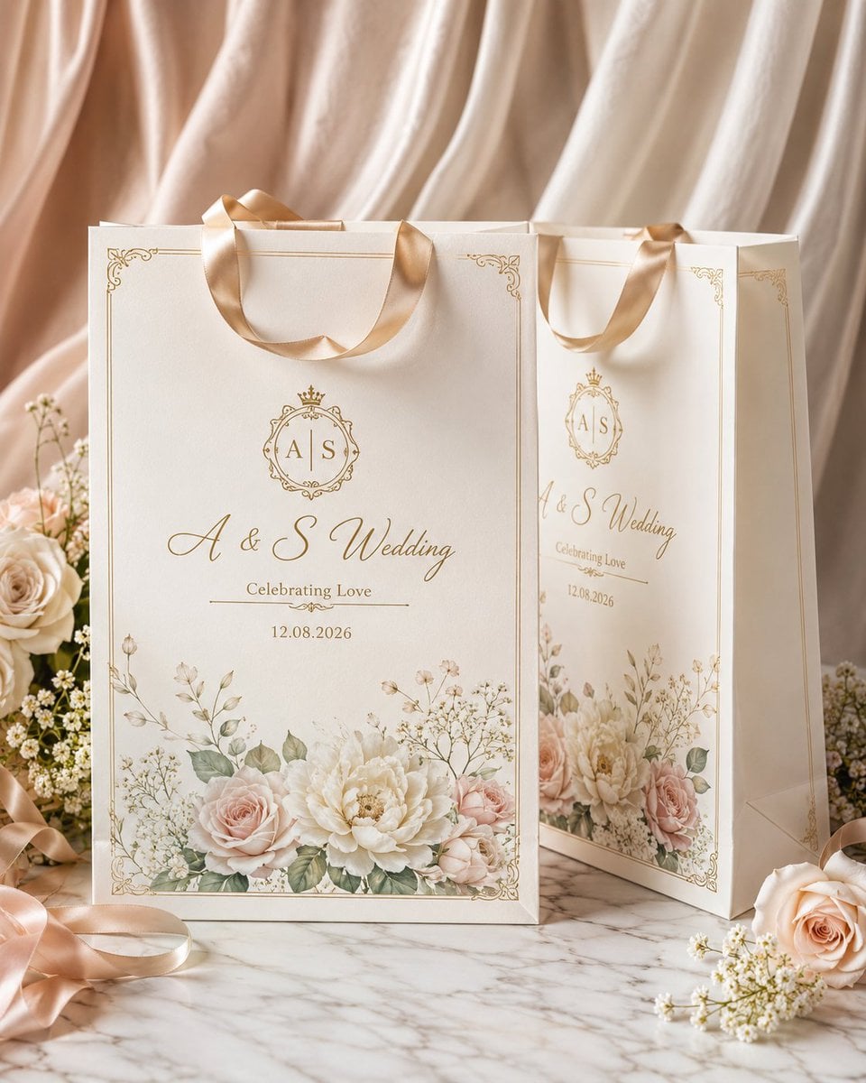Create a high-end luxury wedding gift bag mockup in a clean premium stu…