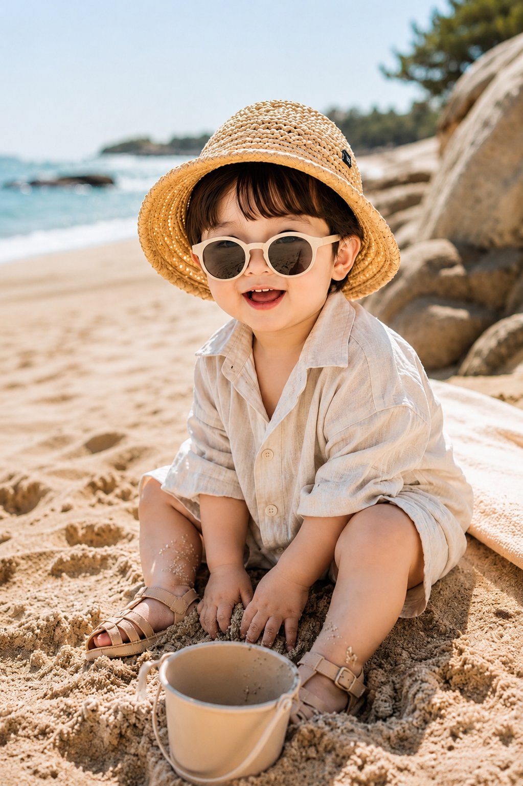 Ultra-realistic lifestyle portrait of an adorable 2-year-old toddler si…