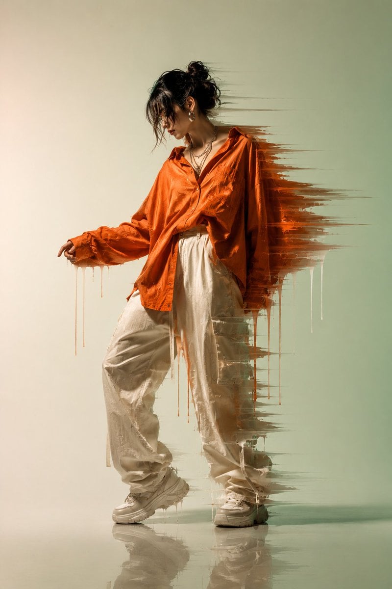 A cinematic editorial portrait of a stylish young woman standing in a c…
