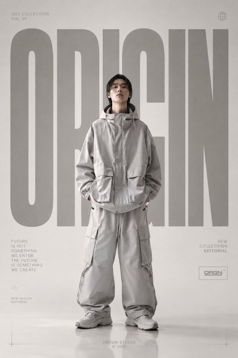 Premium high-fashion editorial poster for [BRAND NAME], full-body fashi…