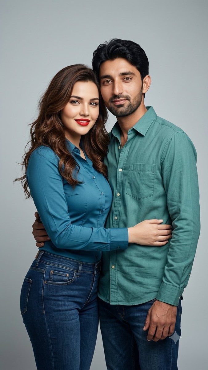 A stylish young couple posing together in a professional studio photosh…