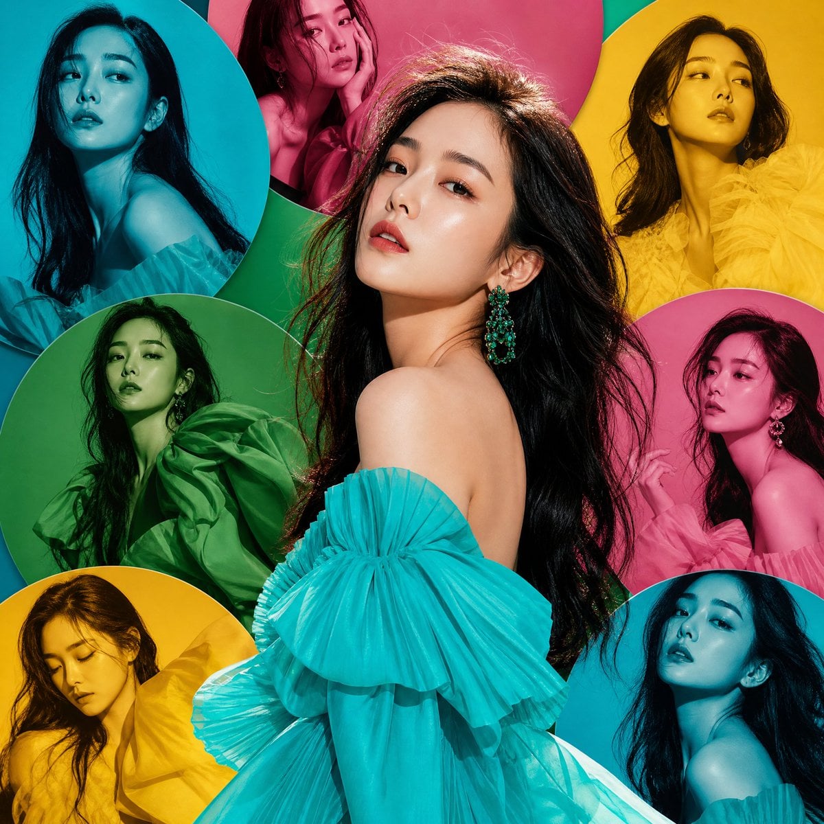 High-fashion vertical editorial artwork featuring an elegant Korean wom…