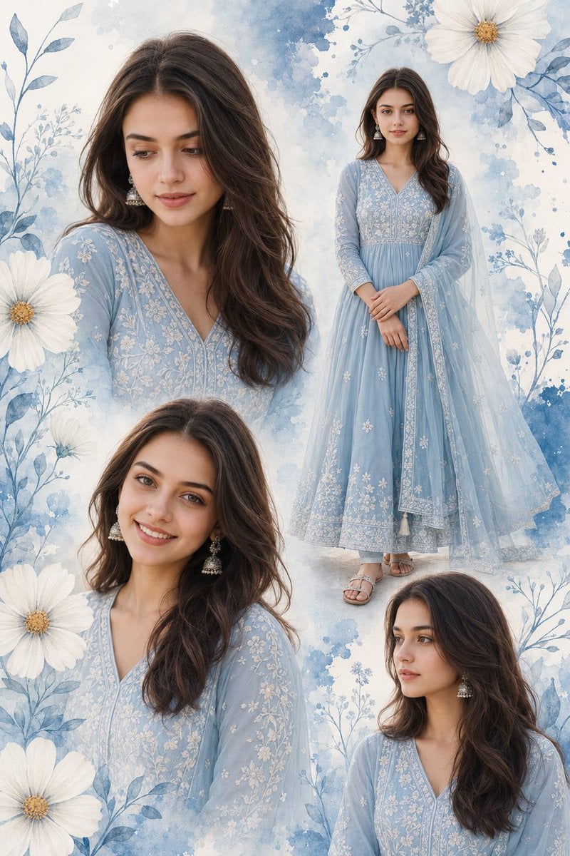 Multi-photo collage poster of a young Indian woman, 18–22 years, fair-w…