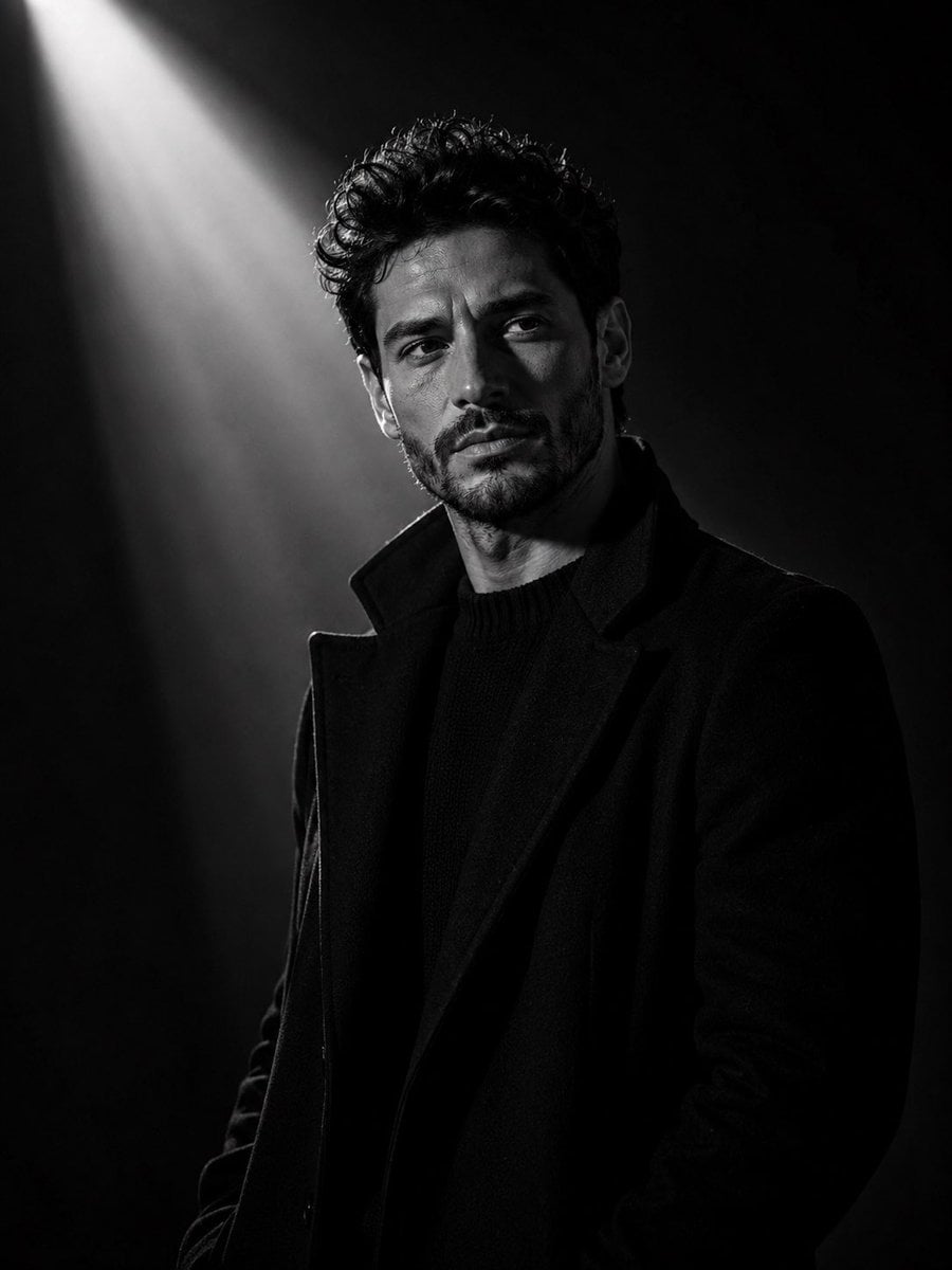 Ultra-cinematic black-and-white portrait of a young man standing in a d…